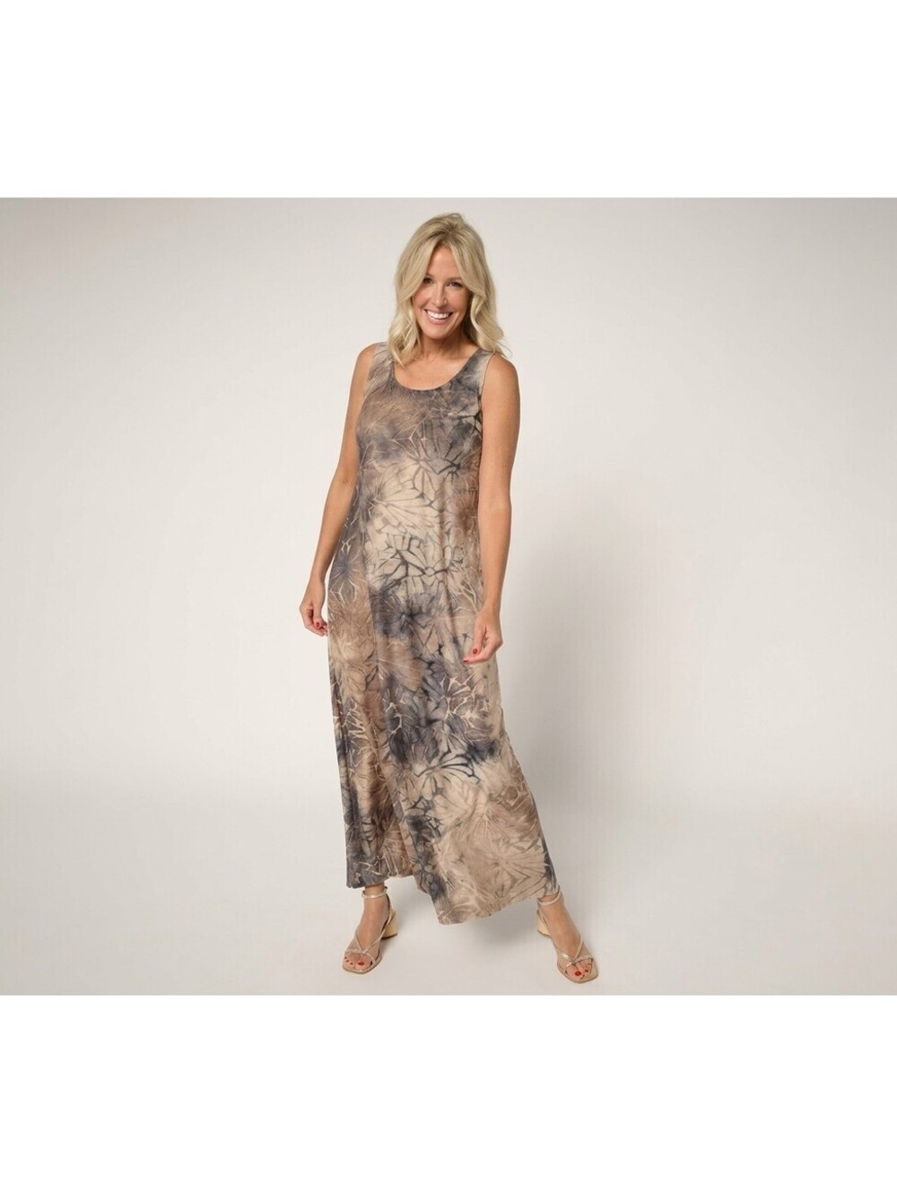 Susan Graver Regular Printed Burnout Knit Sleeveless Maxi Dress Neutral, Size 3X